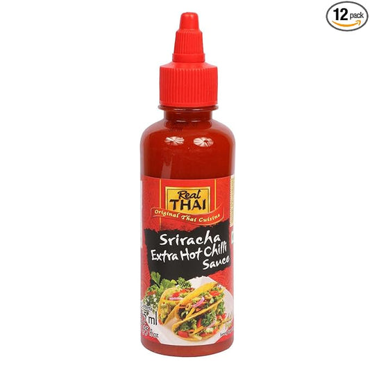Real THAI Original Thai Cuisine Sriracha Extra Hot Chilli Sauce Pet Bottle, 12 x 235 ml