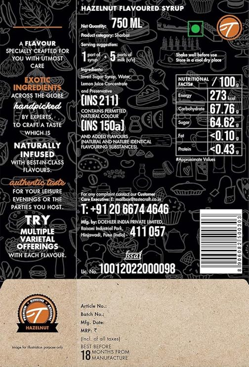 Tastecraft Hazelnut Flavoured Syrup 750ml