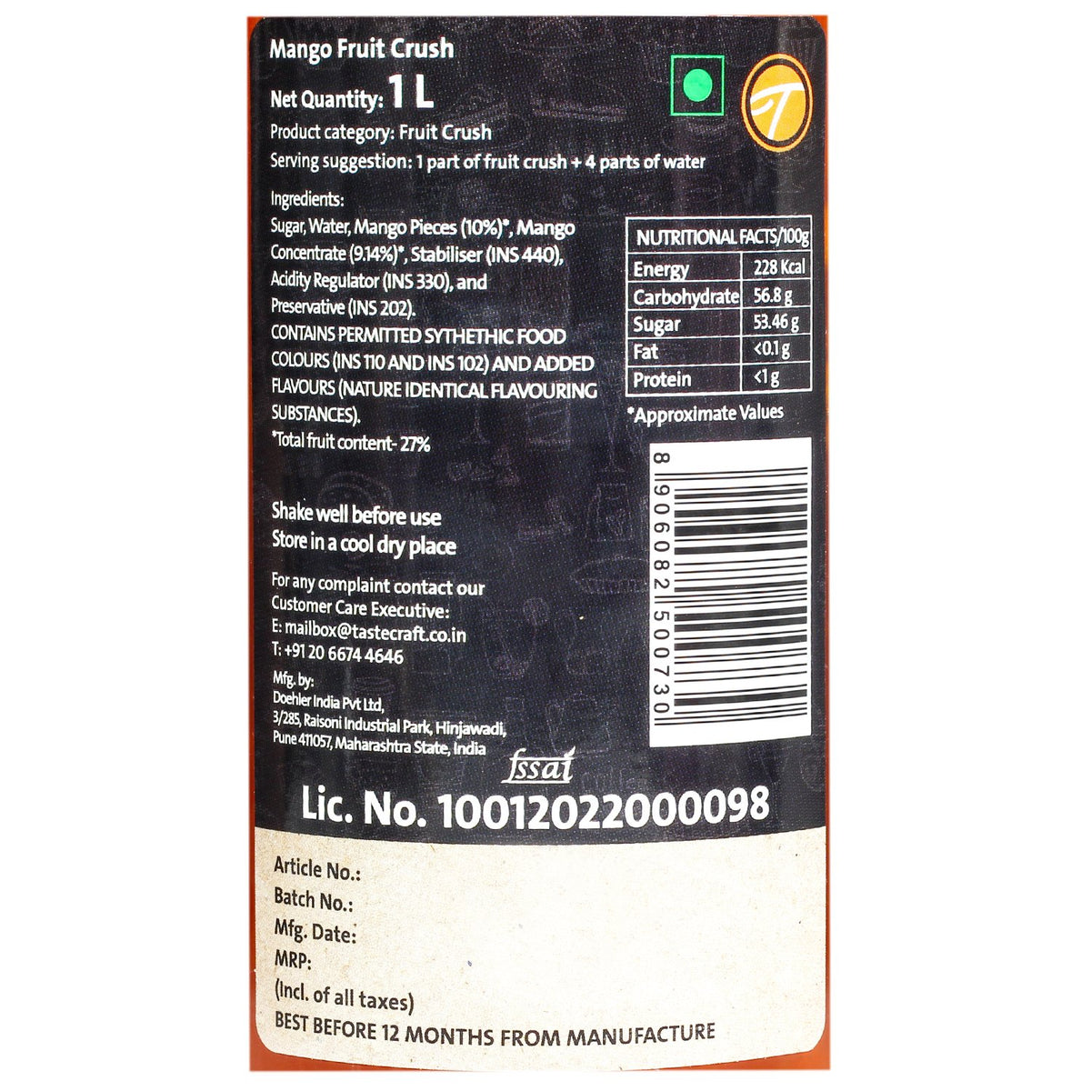 Tastecraft Mango Fruit Crush 1L