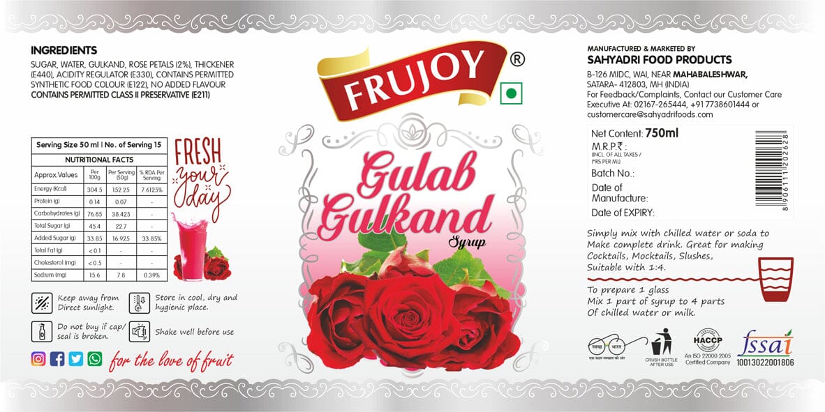 Frujoy Gulab Gulkand Syrup 750ml | For Drinks Juices | Fruit Mocktail | Cocktail | Gulab Sharbat | Rose Gulkand | Baking Essentials Crush Frujoy