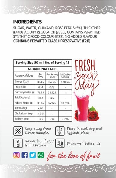 Frujoy Gulab Gulkand Syrup 750ml | For Drinks Juices | Fruit Mocktail | Cocktail | Gulab Sharbat | Rose Gulkand | Baking Essentials Crush Frujoy