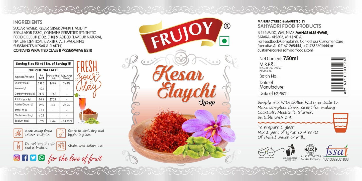 Frujoy Kesar Elaichi Syrup 750ml | For Fruit Mocktail | Cocktail | Gulab Sharbat | Falooda | RoseMilk | Baking Essentials Crush Frujoy