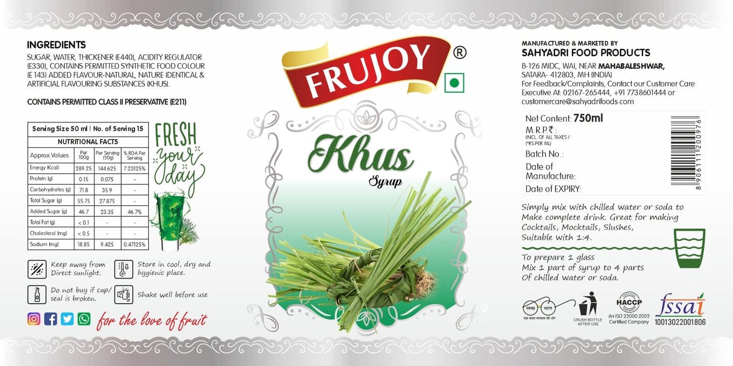 Frujoy Khus Syrup 750ml | For Fruit Mocktail | Cocktail | Milk Shake| Falooda | Baking Essentials Crush Frujoy