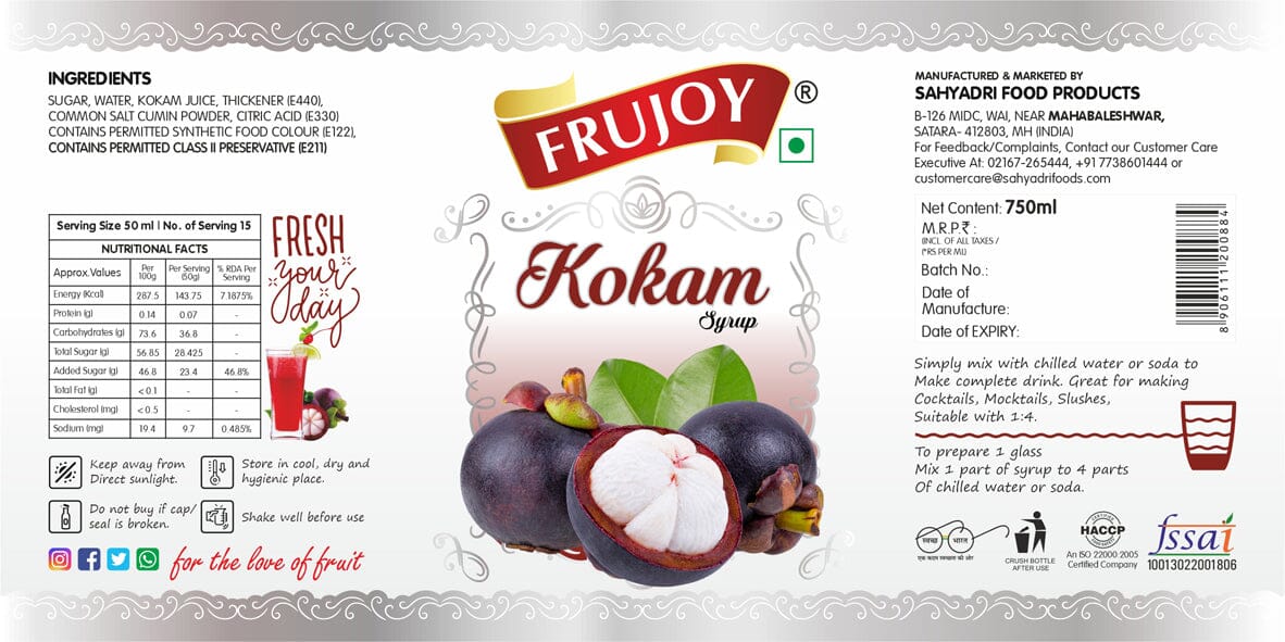 Frujoy Kokam Syrup 750ml | For Fruit Mocktail | Cocktail | Milk Shake| Falooda | Baking Essentials Crush Frujoy