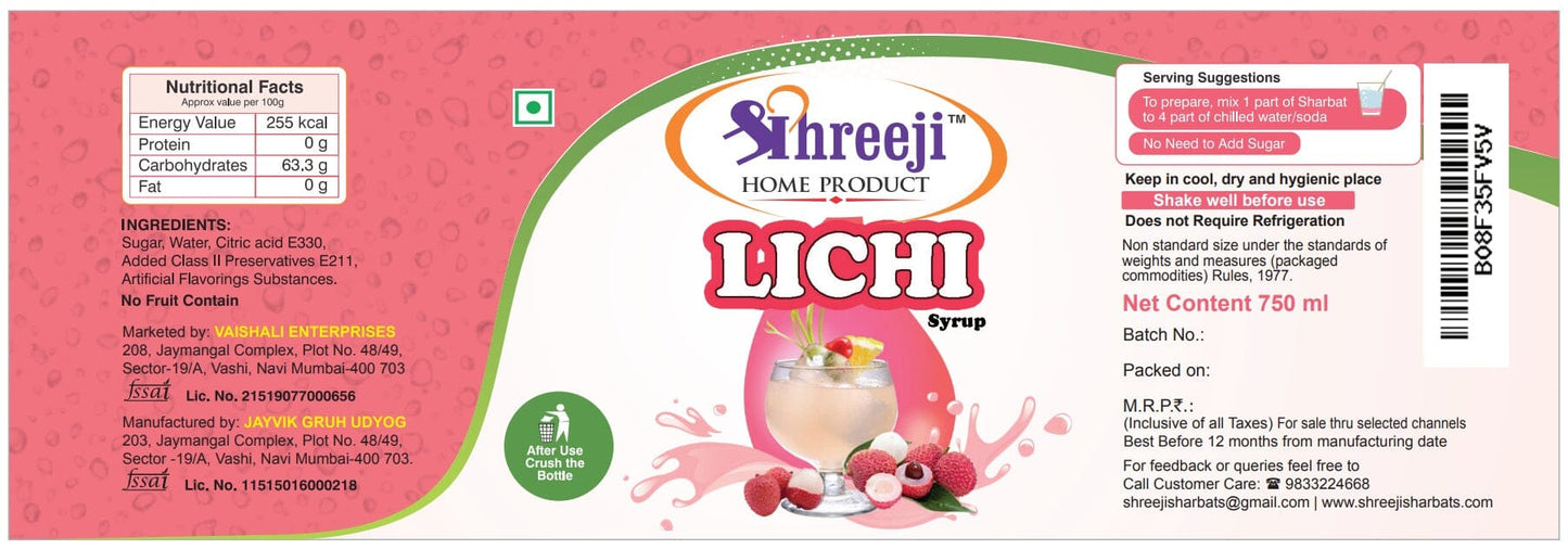 Shreeji Litchi Syrup Mix with Water / Soda for Making Juice 750 ml Syrup Shreeji