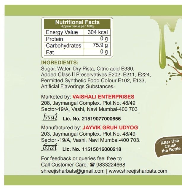 Shreeji Pista Syrup Mix With Milk For Making Milkshake 750 ml Syrup Shreeji