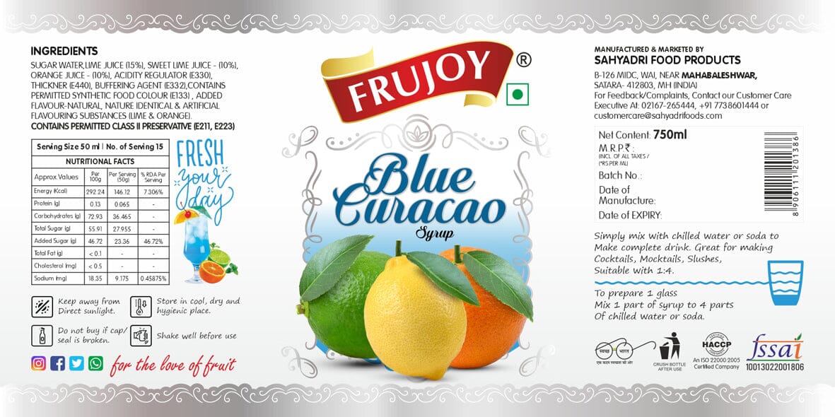 Frujoy Blue Curacao Syrup 750ML | Fruit Mocktail | Cocktail | Blue Lagoon | Cool Blue Crush Frujoy