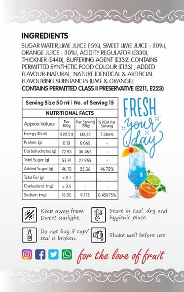 Frujoy Blue Curacao Syrup 750ML | Fruit Mocktail | Cocktail | Blue Lagoon | Cool Blue Crush Frujoy