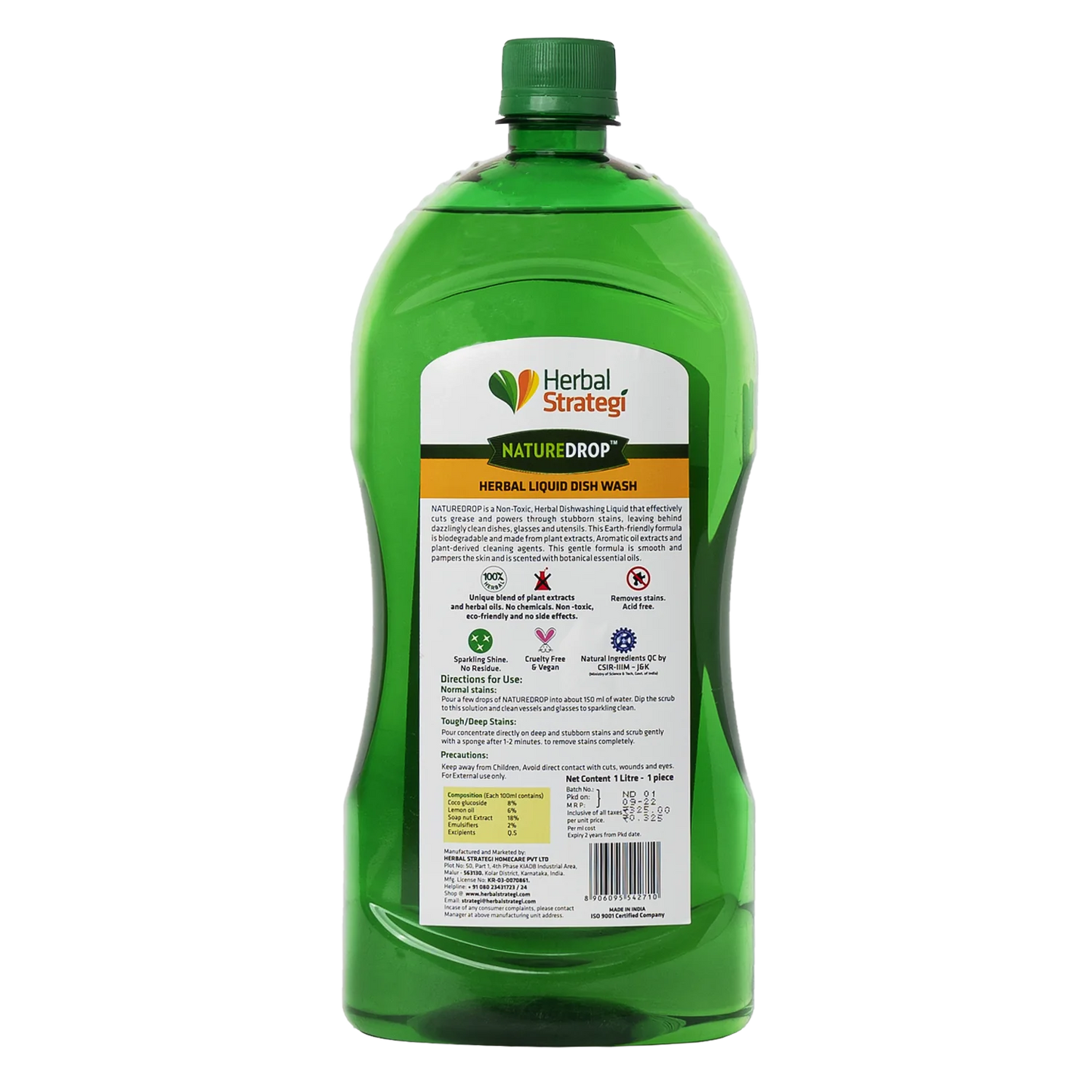 Herbal Strategi Nature Drop Liquid Dish Wash Refill| Anti-microbial & Acid-Free | Made with Fragrant Lemon Oils | Skin Safe | 1L Cleaner Herbal Strategi