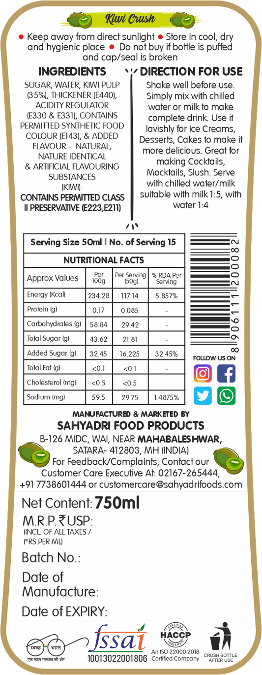Frujoy Kiwi Crush 750ml | For Fruit Mocktail | Cocktail | Cake | Baking Essentials | Juices | Beverages Crush Frujoy