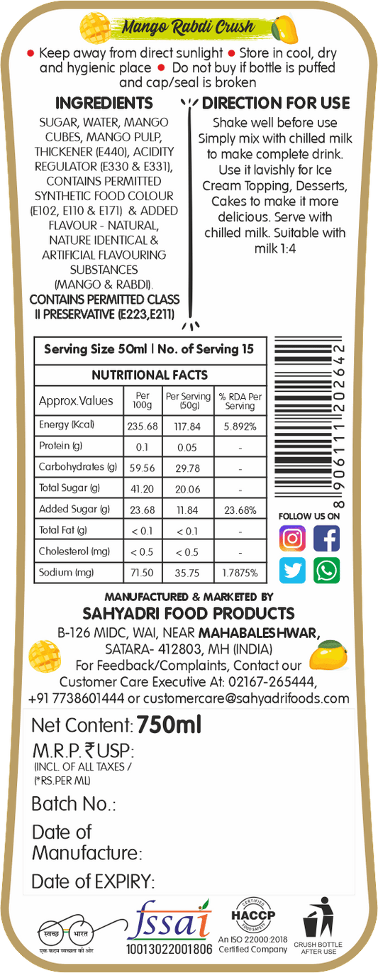 Frujoy Mango Rabadi Crush 750ml | For Fruit Mocktail | Cocktail | Cake | Baking Essentials | Juices | Beverages Crush Frujoy