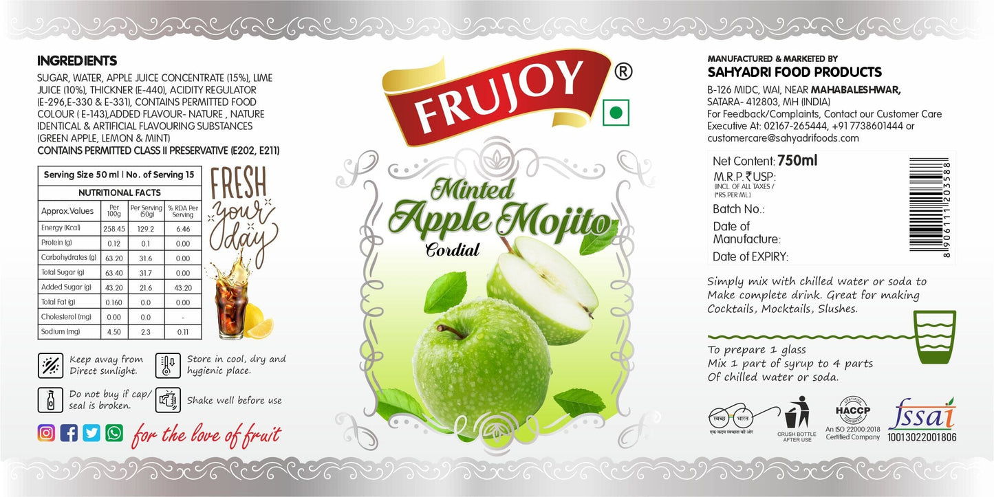 Frujoy Minted Green Apple Mint Mojito 750ml | For Drinks Juices | Fruit Mocktail | Cocktail | Sharbat | Baking Essentials | Beverages Crush Frujoy