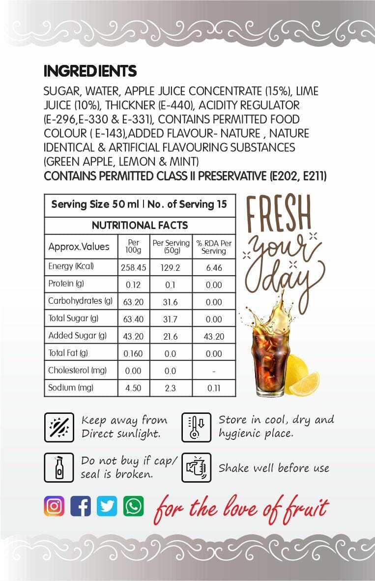 Frujoy Minted Green Apple Mint Mojito 750ml | For Drinks Juices | Fruit Mocktail | Cocktail | Sharbat | Baking Essentials | Beverages Crush Frujoy