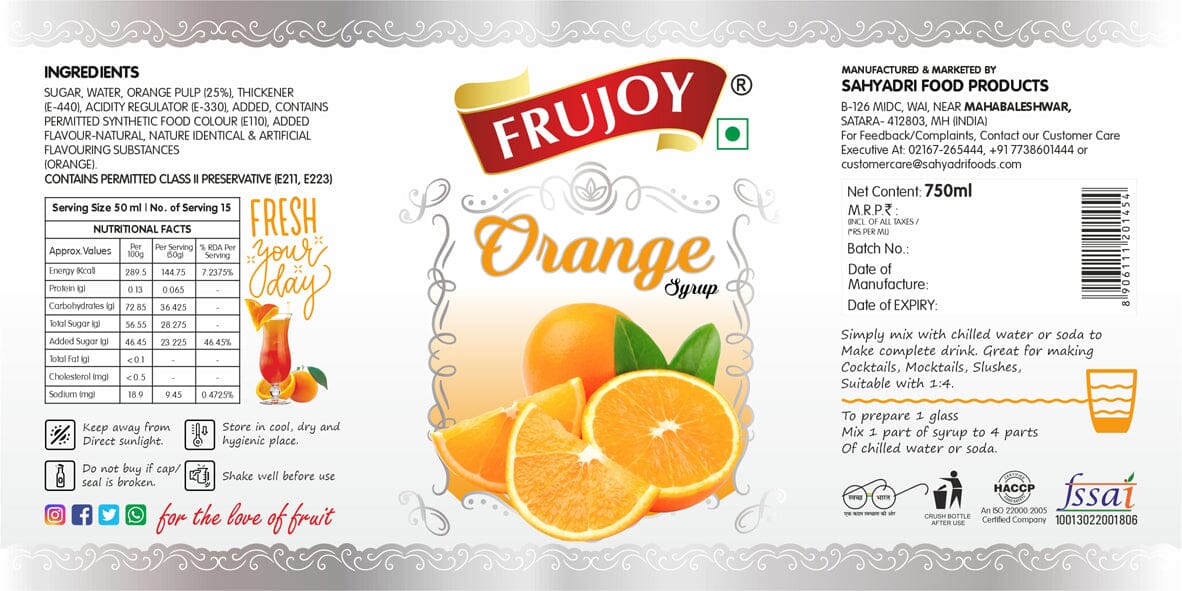 Frujoy Orange Syrup 750ml | For Fruit Mocktail | Cocktail | Milk Shake| Falooda | Baking Essentials Crush Frujoy