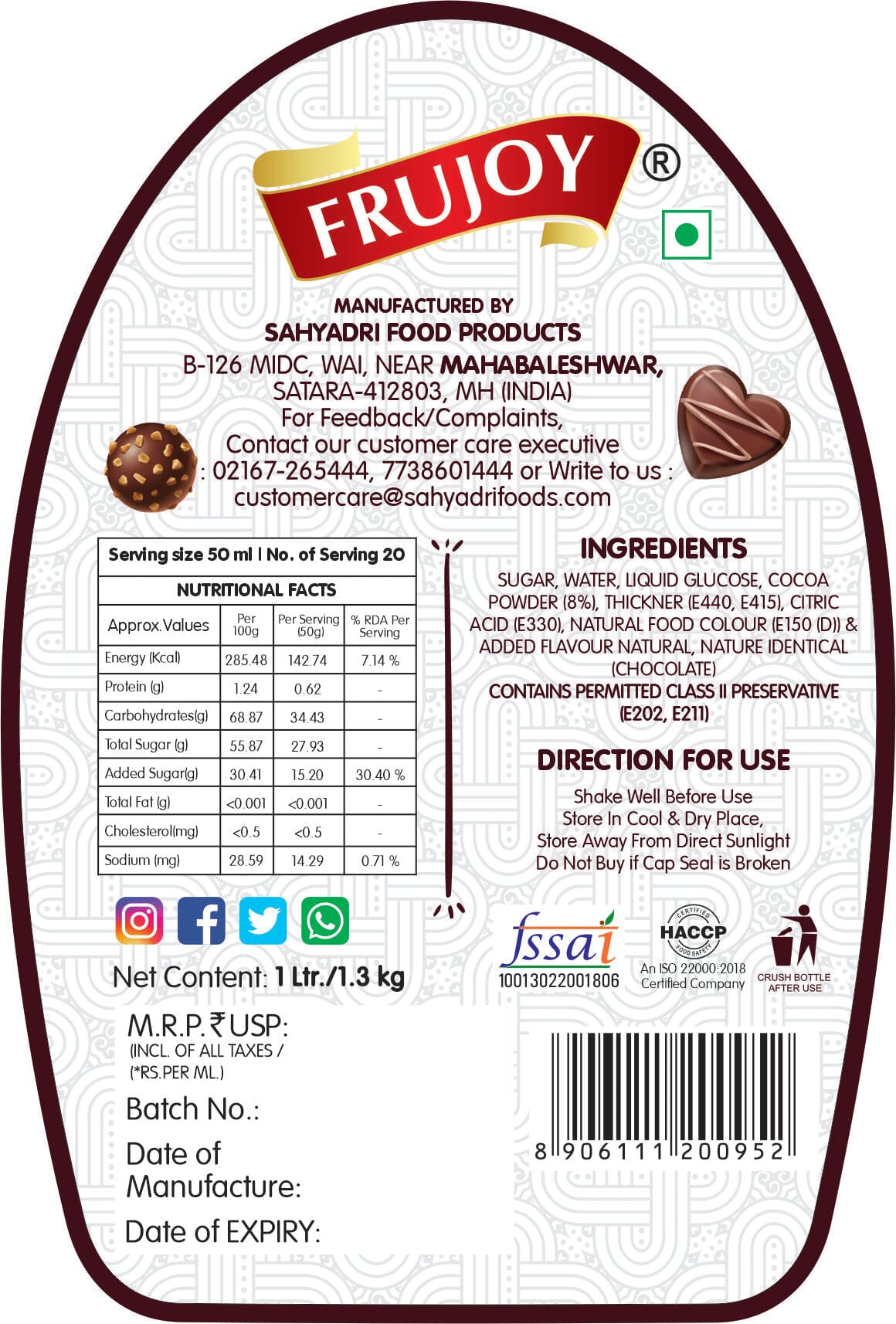 Frujoy Chocolate 1L | Syrup | Topping | For Milk Shakes | Juices | Sharbat | Baking Essentials | Beverages Crush Frujoy