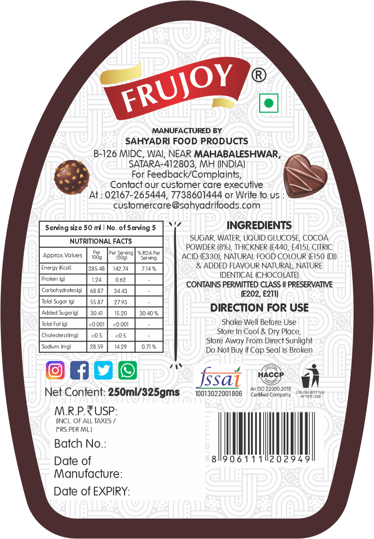 Frujoy chocolate 250ml | For Milk Shakes | Juices | Sharbat | Baking Essentials | Beverages Crush Frujoy