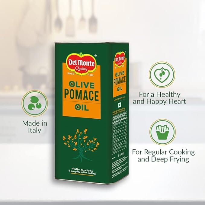 Del Monte Pomace Olive Oil, Ideal for Everyday Indian Cooking & Deep Frying, 5L TIN Delmonte