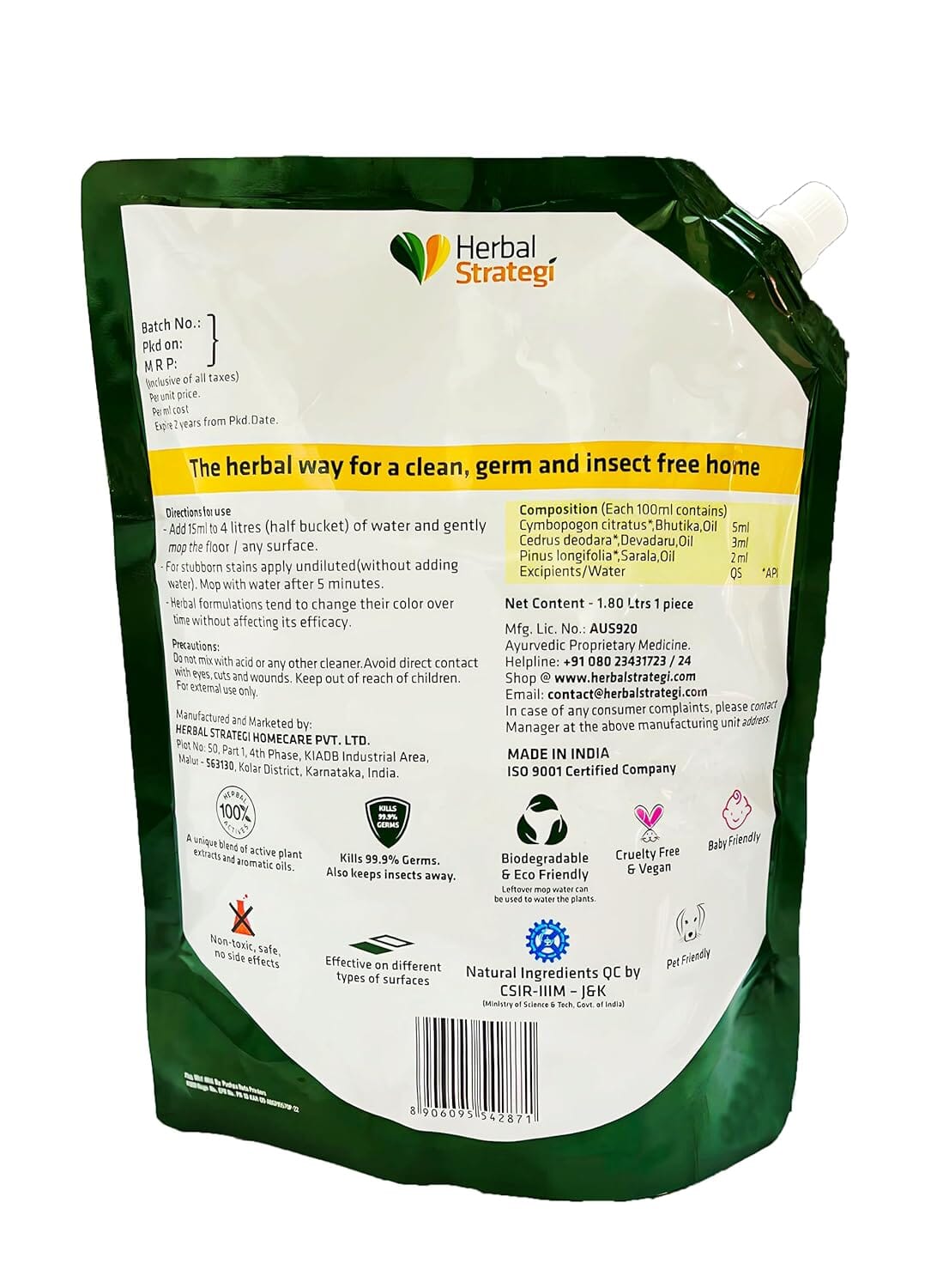 Herbal Strategi Floor Cleaner Disinfectant and Insect Repellent 1.8L Refill Pouch Cleaner Herbal Strategi