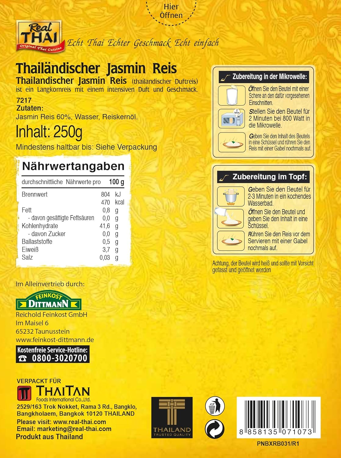 Real THAI Original Thai Cuisine Jasmine Rice, 8.82 oz ℮ 250 g