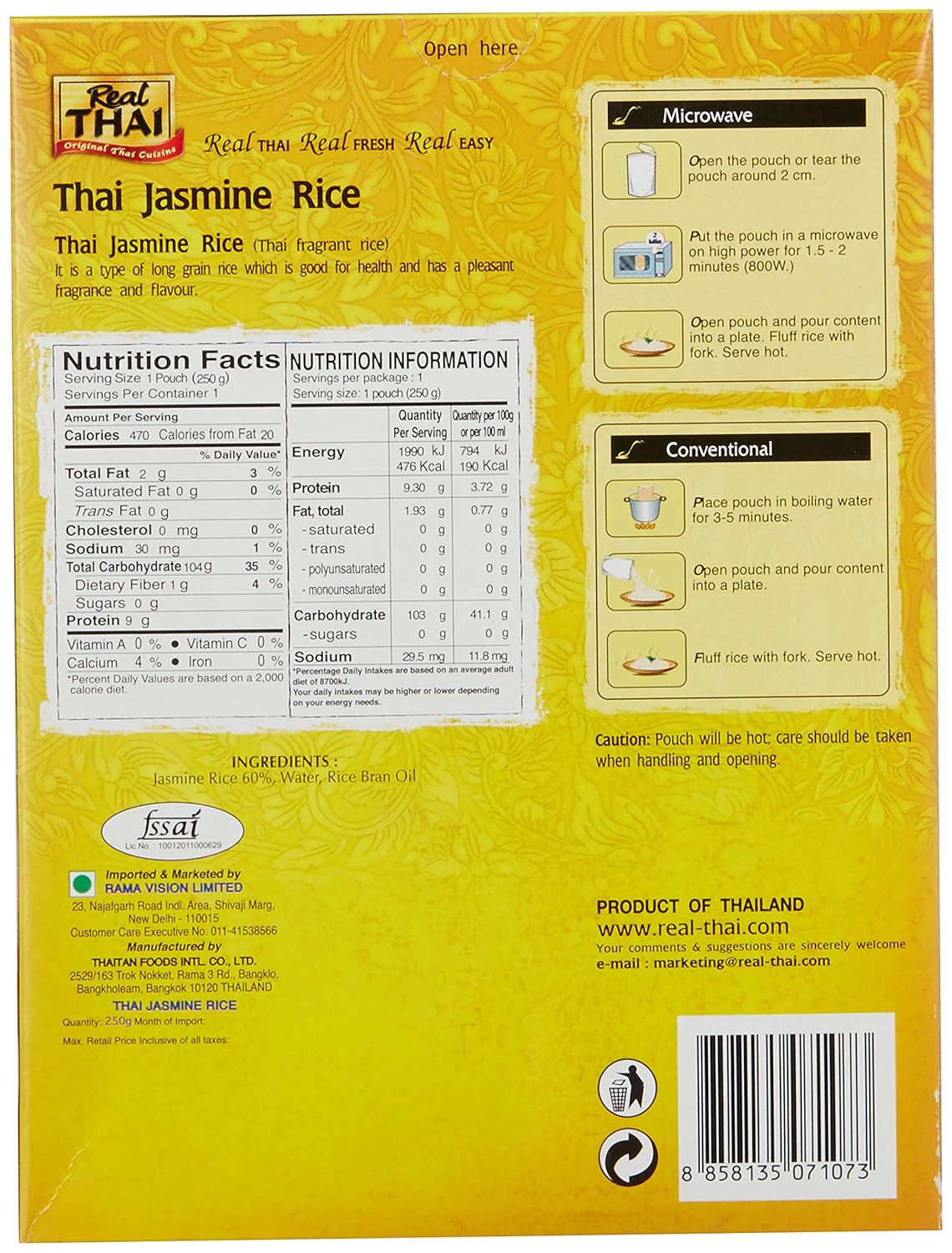 Real THAI Original Thai Cuisine Jasmine Rice, 8.82 oz ℮ 250 g