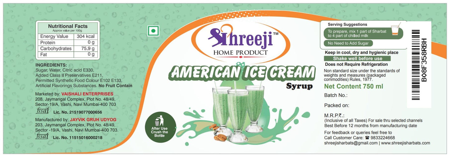 Shreeji American ice Cream Syrup Mix with Milk for Making Juice 750 ml
