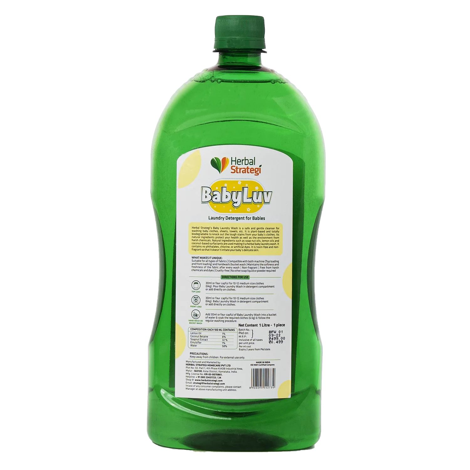 Herbal Strategi Natural Fabric Wash for Baby | Liquid Detergent for Top Load & Front Load Washing Machine | Suitable For All Fabrics | 1 Litre Detergent Herbal Strategi