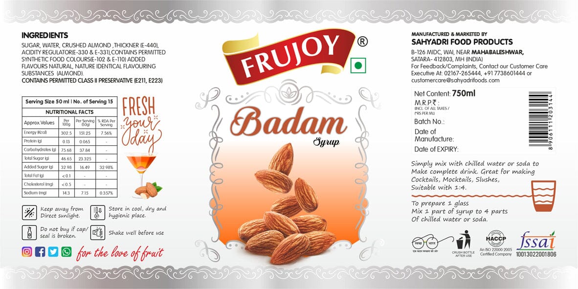 Frujoy badam syrup 750ml | For Drinks Juices | Fruit Mocktail | Cocktail | Sharbat | Baking Essentials | Beverages Crush Frujoy