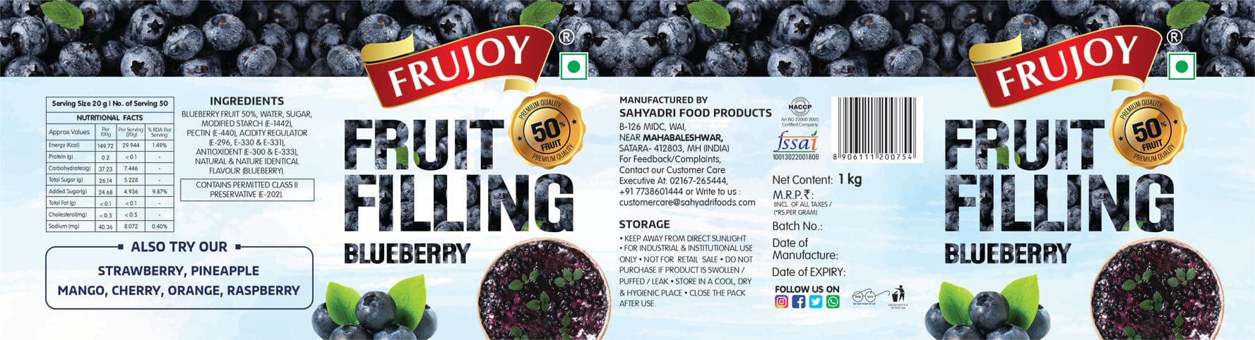 Frujoy Blueberry Filling 1kg | For Cake | Dessert | Custard | Pastry | Muffins | Baking Essentials Crush Frujoy