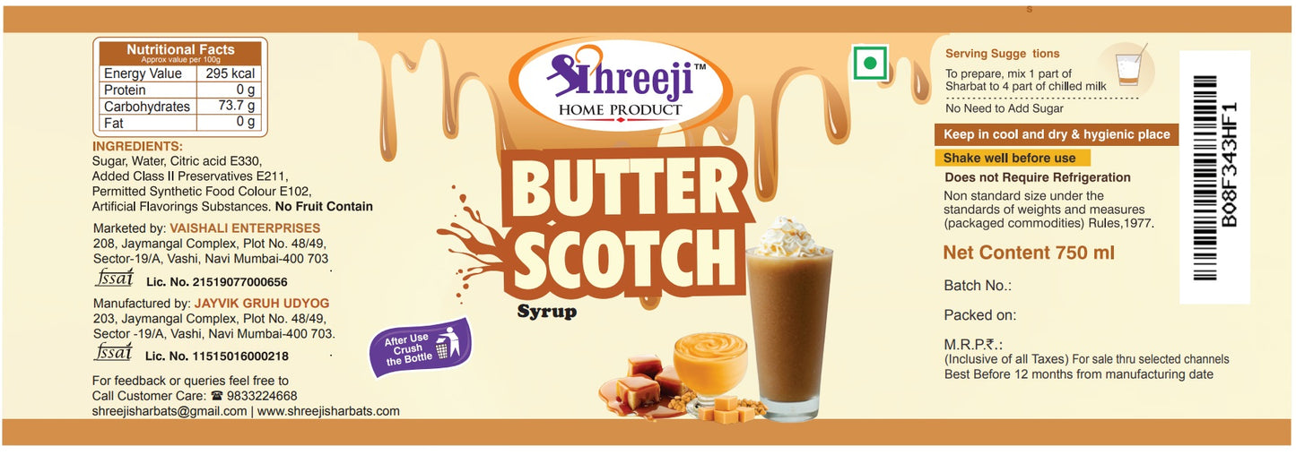 Shreeji Butter Scotch Syrup Mix with Milk for Making Juice 750 ml
