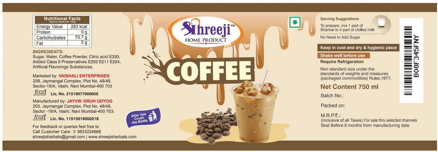 Shreeji Coffe Syrup Mix with Milk for Making Juice 750 ml Syrup Shreeji