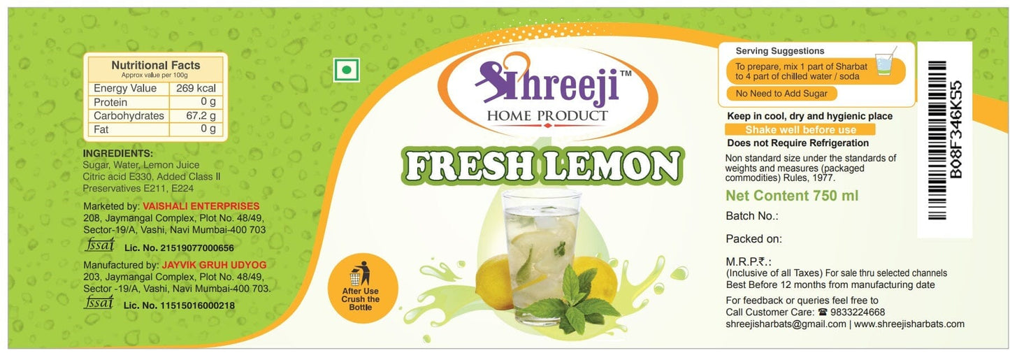 Shreeji Fresh Lemon Syrup Mix with Water / Soda for Making Juice 750 ml