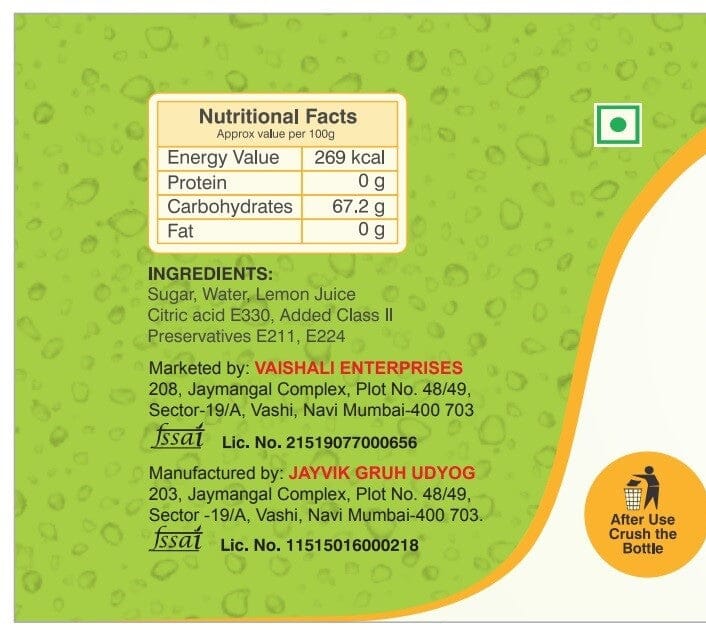 Shreeji Fresh Lemon Syrup Mix with Water / Soda for Making Juice 750 ml Syrup Shreeji