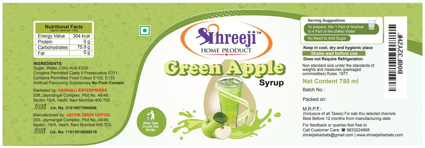 Shreeji Green Apple Syrup Mix With Water / Soda For Making Juice 750 ml Syrup Shreeji