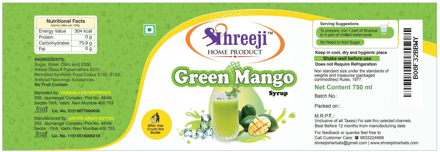 Shreeji Green Mango Syrup Mix with Water / Soda for Making Juice 750 ml