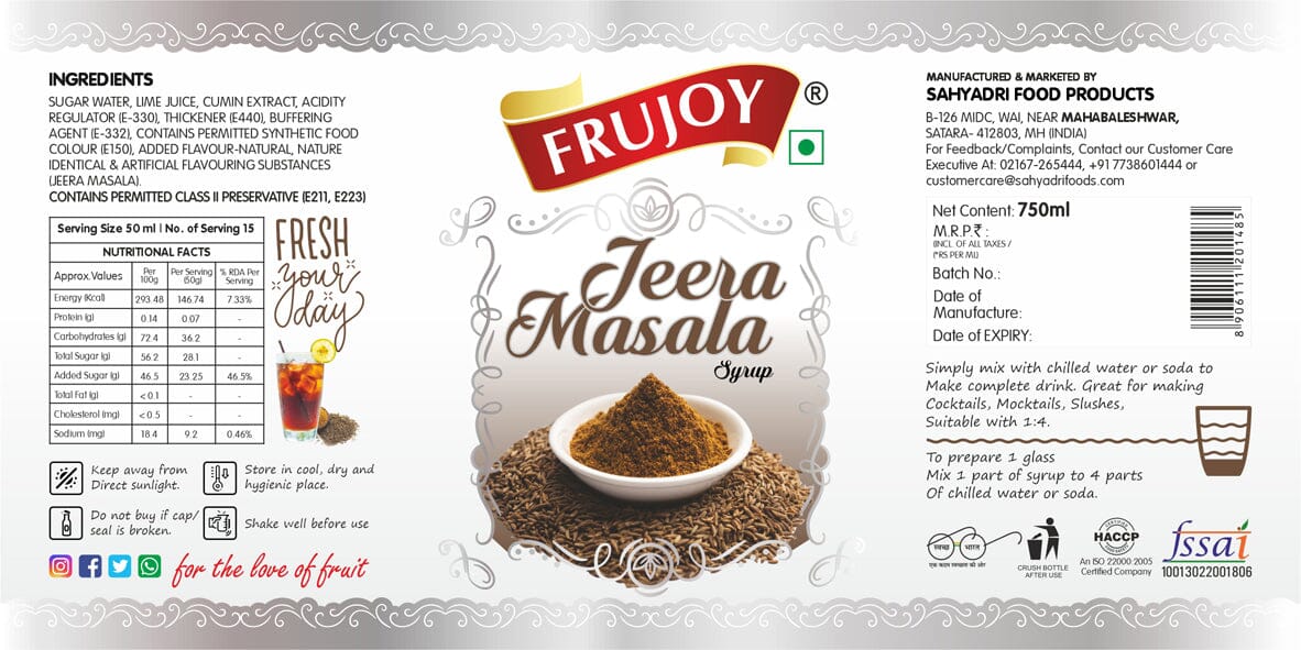 Frujoy Jeera Masala Syrup 750ml | For Fruit Mocktail | Cocktail | Juices & Shake| Beverages Crush Frujoy