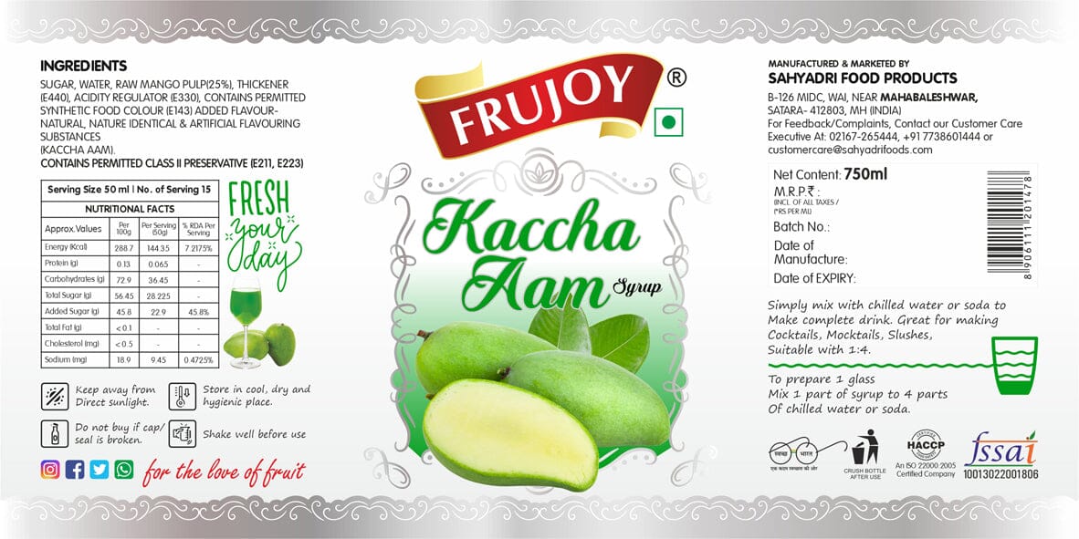 Frujoy Kaccha Aam Syrup 750ml | Raw Mango | For Fruit Mocktail | Cocktail | Falooda | Baking Essentials Crush Frujoy