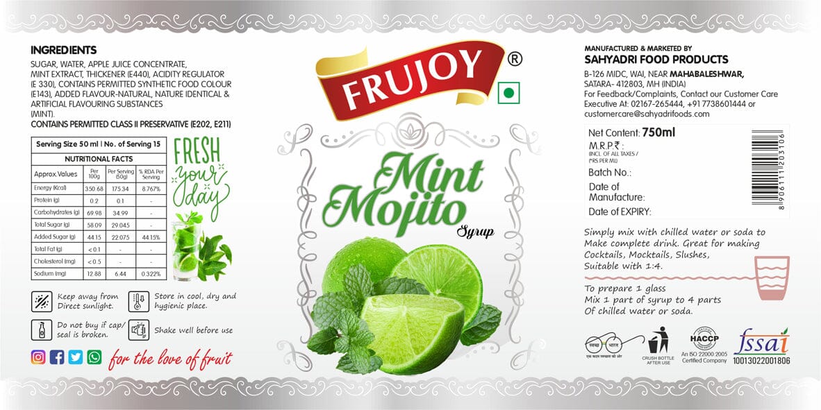 Frujoy Mint Mojito White 750ml | For Drinks Juices | Fruit Mocktail | Cocktail | Sharbat | Baking Essentials | Beverages Crush Frujoy