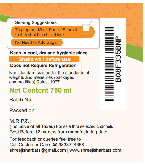 Shreeji Orange Blossm Syrup Mix With Milk For Making Milkshake 750 ml Syrup Shreeji