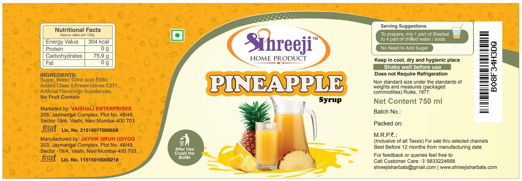 Shreeji Pineapple Syrup Mix with Water / Soda for Making Juice 750 ml Syrup Shreeji