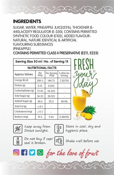 Frujoy Pineapple Syrup 750ml | For Fruit Mocktail | Cocktail | Milk Shake| Falooda | Baking Essentials Crush Frujoy