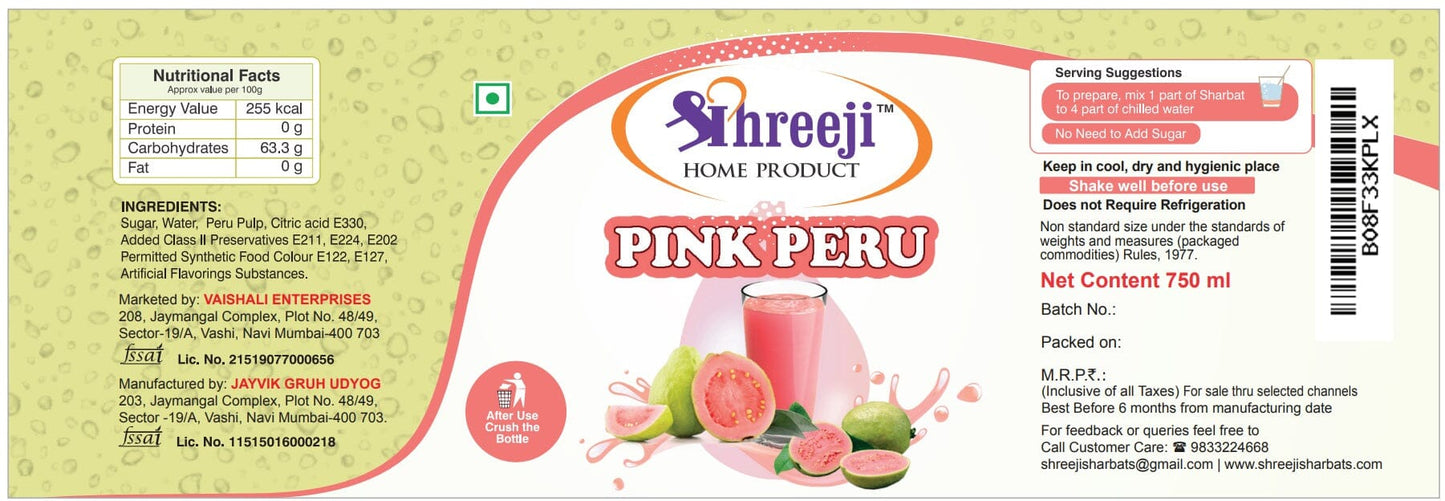 Shreeji Pink Peru Syrup Mix With Water / Soda For Making Juice 750 ml