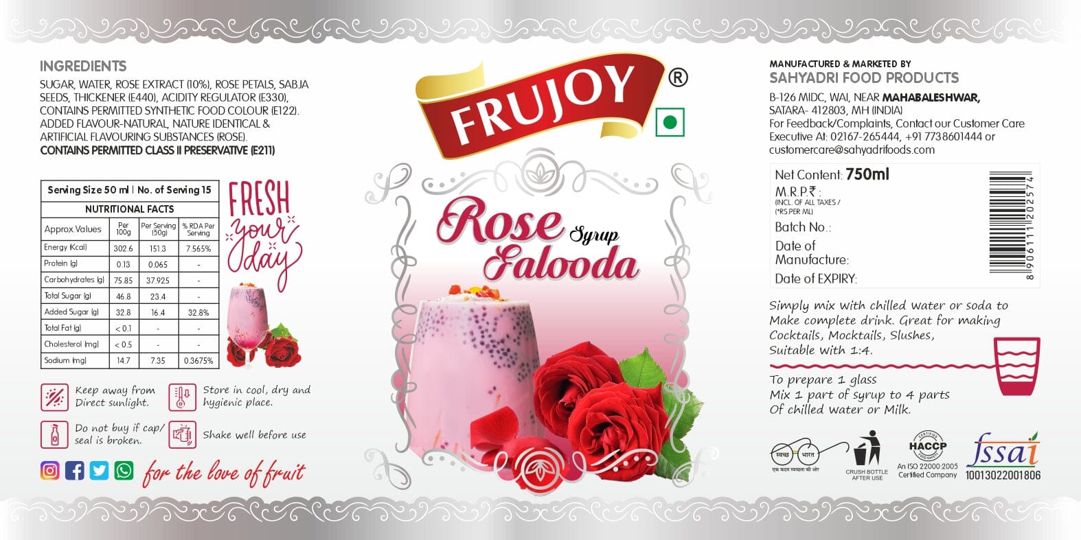 Frujoy Rose Falooda Syrup 750ml | For Drinks Juices | Fruit Mocktail | Cocktail | Gulab Sharbat | Faluda | RoseMilk | Baking Essentials Crush Frujoy