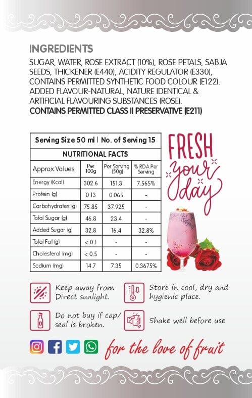Frujoy Rose Falooda Syrup 750ml | For Drinks Juices | Fruit Mocktail | Cocktail | Gulab Sharbat | Faluda | RoseMilk | Baking Essentials Crush Frujoy