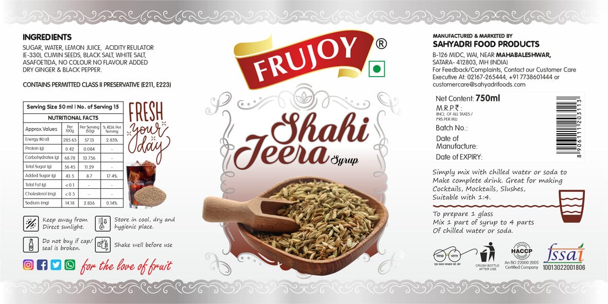 Frujoy Shahi Jeera 750ml | For Drinks Juices | Fruit Mocktail | Cocktail | Sharbat | Baking Essentials | Beverages Crush Frujoy