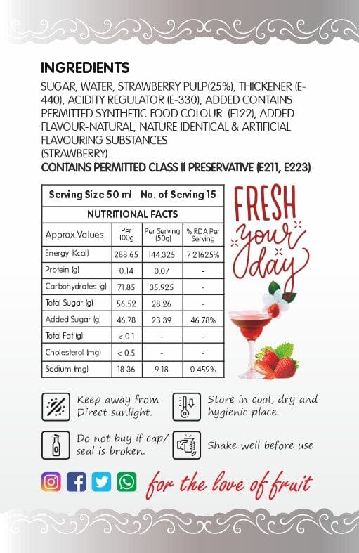Frujoy Strawberry Syrup 750ml | For Fruit Mocktail | Cocktail | Milk Shake| Falooda | Baking Essentials Crush Frujoy