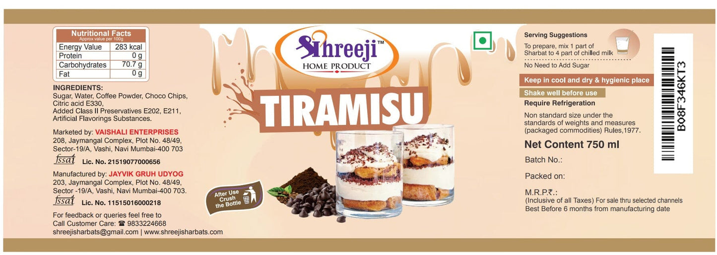 Shreeji Tiramisu Syrup Mix With Milk For Making Milkshake 750 ml