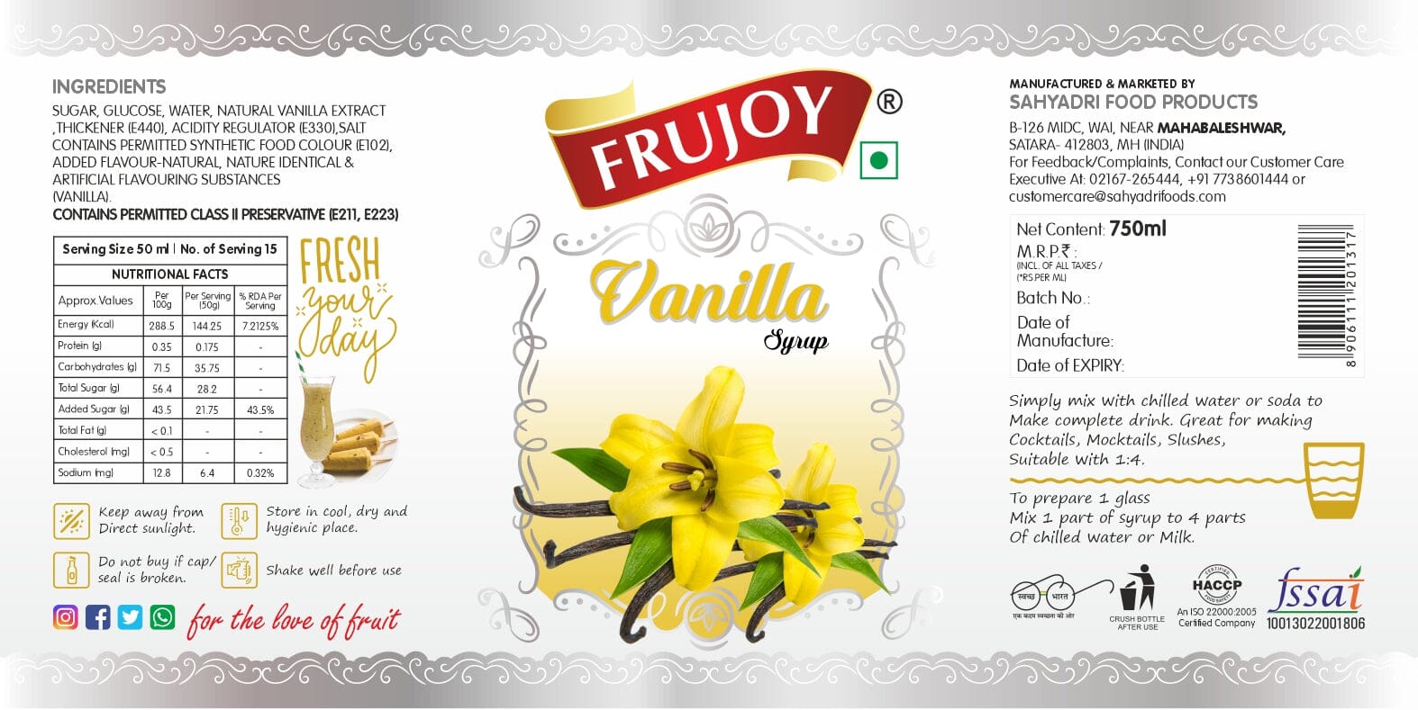 Frujoy Vanilla Syrup 750ml | For Fruit Mocktail | Cocktail | Milk Shake| Falooda | Baking Essentials Crush Frujoy