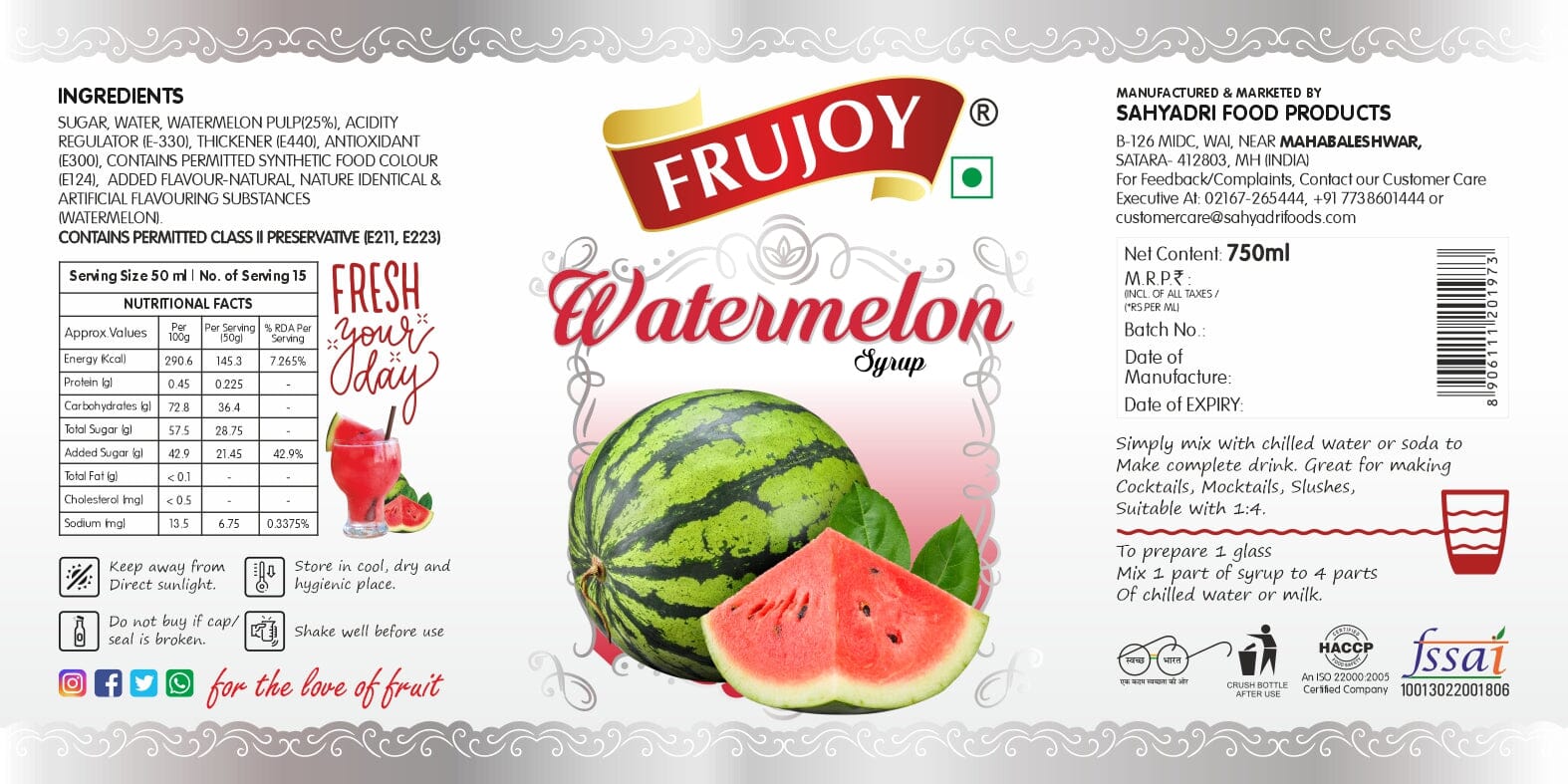 Frujoy Watermelon Syrup 750ml | For Fruit Mocktail | Cocktail | Milk Shake| Falooda | Baking Essentials Crush Frujoy