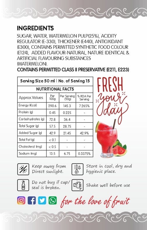 Frujoy Watermelon Syrup 750ml | For Fruit Mocktail | Cocktail | Milk Shake| Falooda | Baking Essentials Crush Frujoy