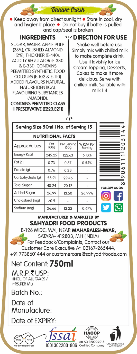 Frujoy Badam Crush 750ml | For Fruit Mocktail | Cocktail | Cake | Baking Essentials | Juices | Beverages Crush Frujoy